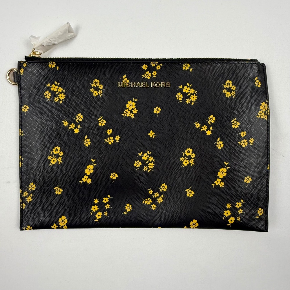 Michael Kors Black Yellow Floral Saffiano Leather Zip Pouch Clutch Bag